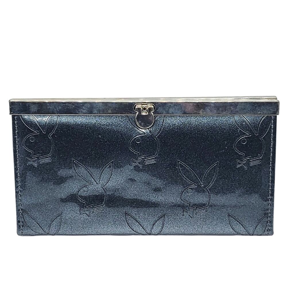 Y2K Playboy Sparkly Charcoal Grey Embossed Signature Bunny Logo Large Wallet